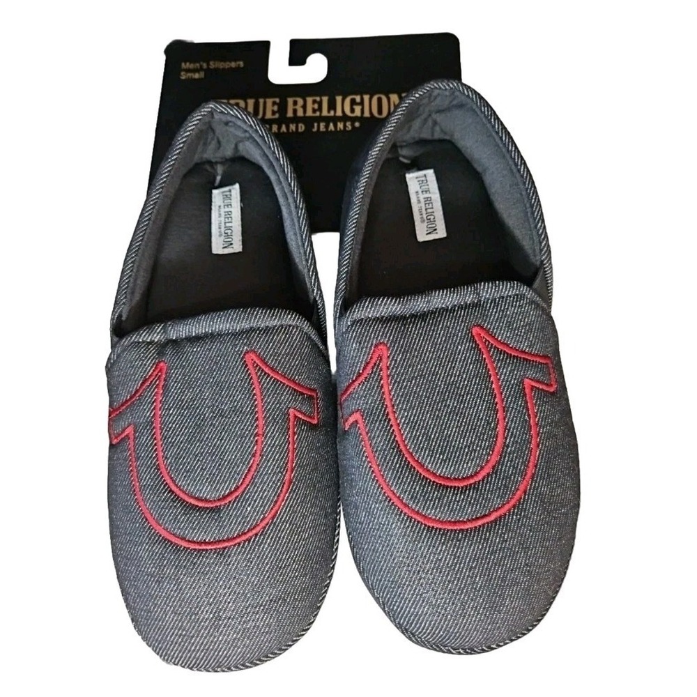 True Religion Denim Black Red Logo ‎ Men's Shoes Slippers Size Small (7-8)
